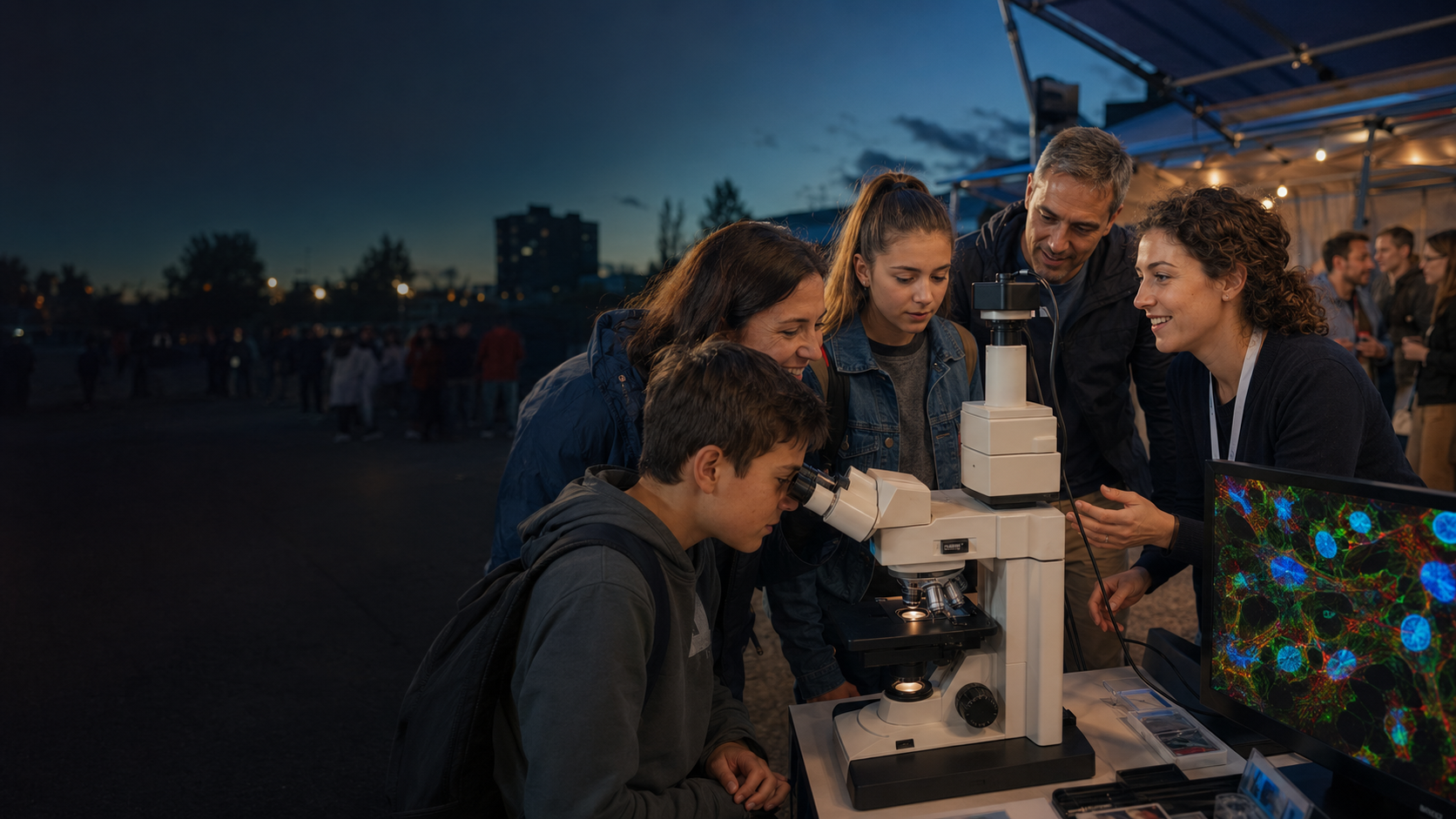 A family exploring cancer science with a researcher and a microscope at a Researchers’ Night event